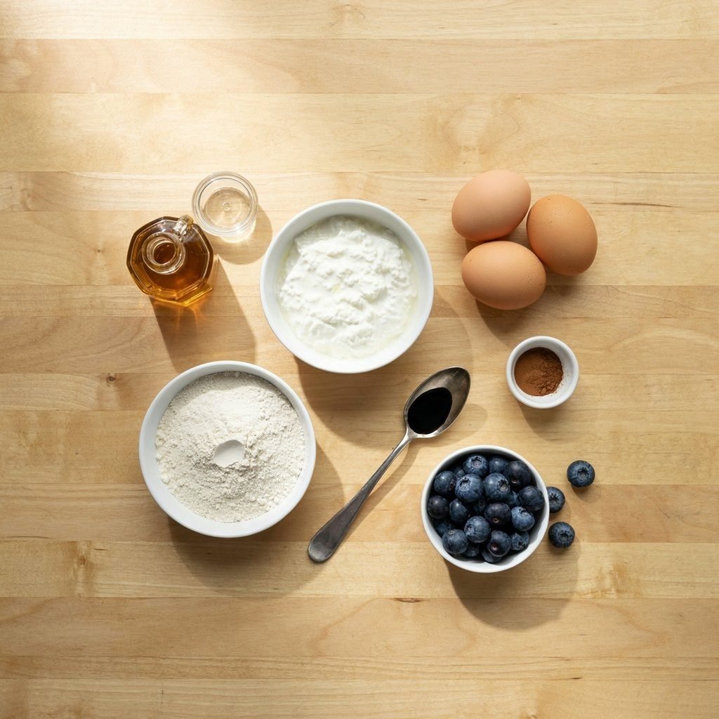 Ingredients for blueberry cottage cheese breakfast bake including cottage cheese, eggs, oat flour, and fresh blueberries laid out on a counter
