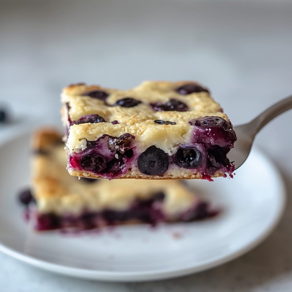 Slice of blueberry cottage cheese breakfast bake lifted on a spatula showing the custardy interior