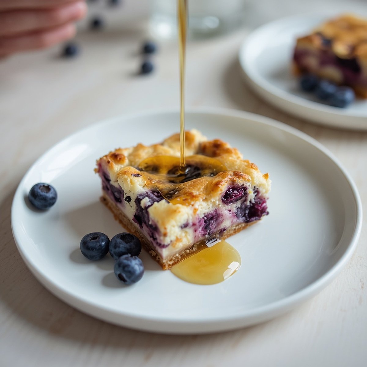 A square of blueberry cottage cheese breakfast bake with maple syrup and fresh blueberries