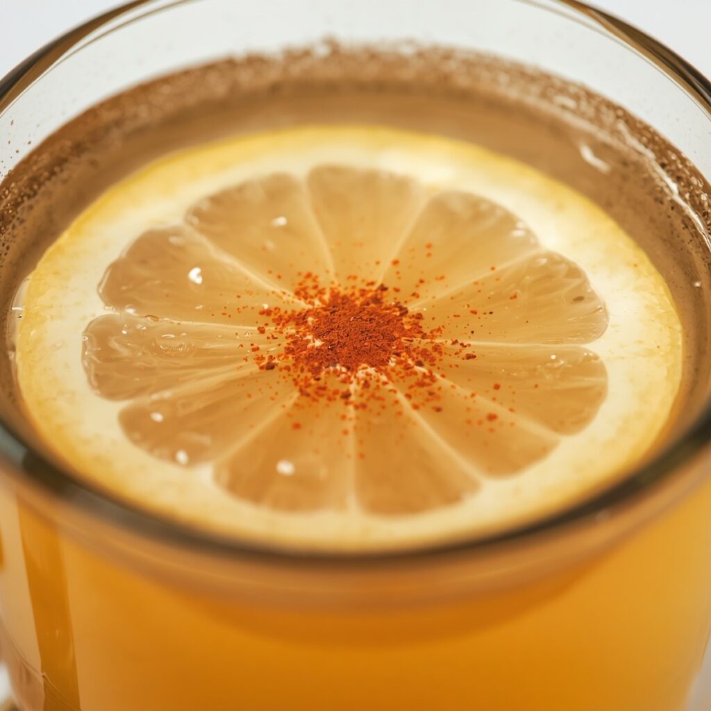 A mug of warm cayenne pepper lemon water with a lemon slice and a dusting of red spice on top