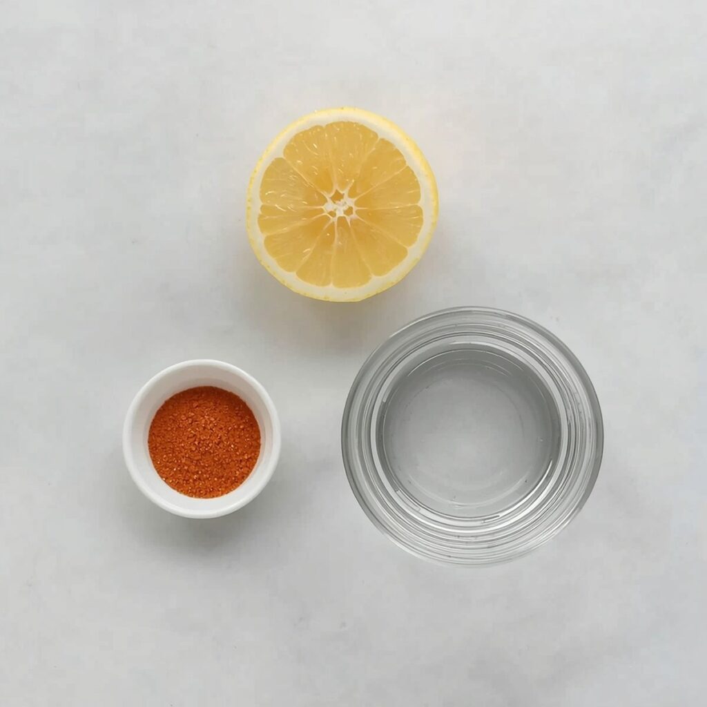 Overhead shot of cayenne pepper lemon water ingredients — a halved lemon, a small bowl of cayenne pepper, and a glass of water