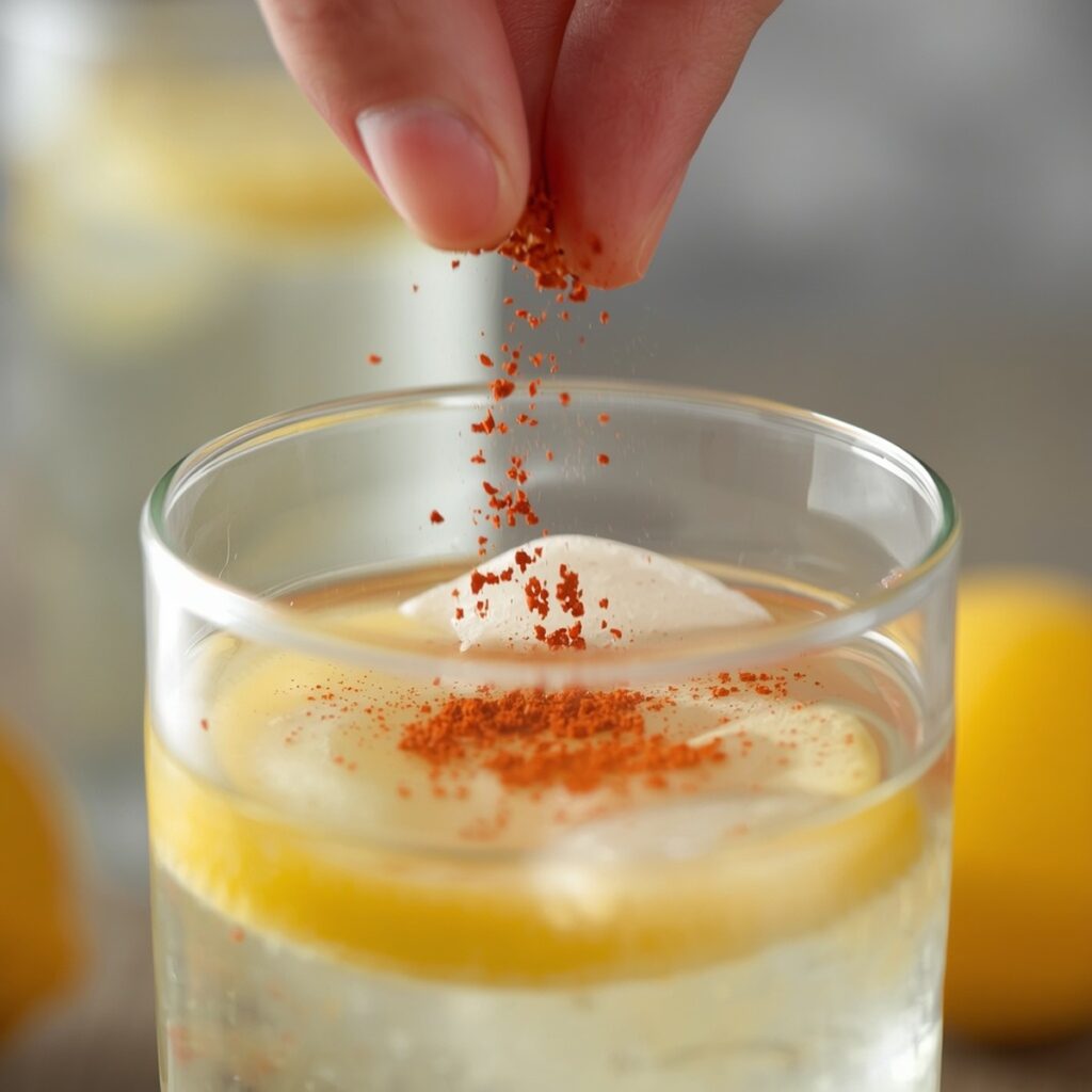 Close-up of cayenne pepper being sprinkled into a glass of lemon water