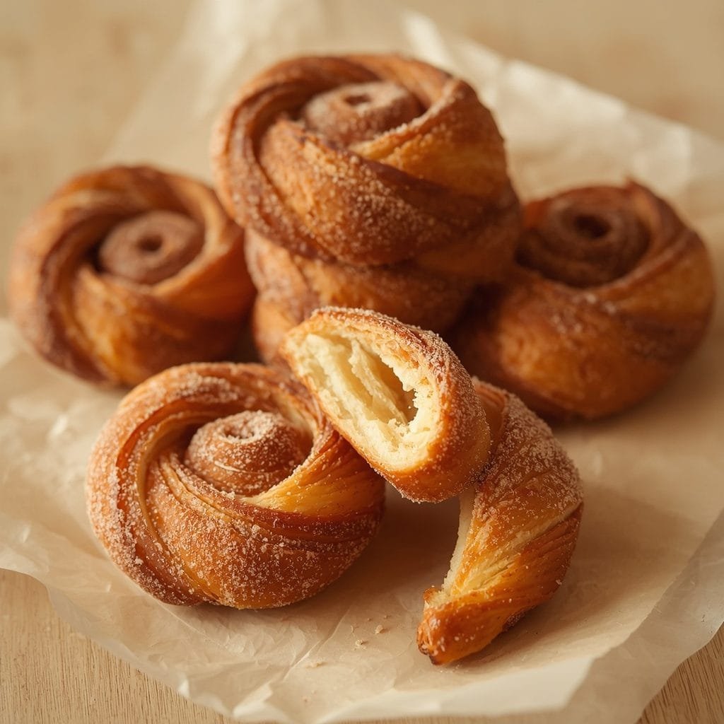 A stack of cinnamon sugar puff pastry twists dusted with extra sugar