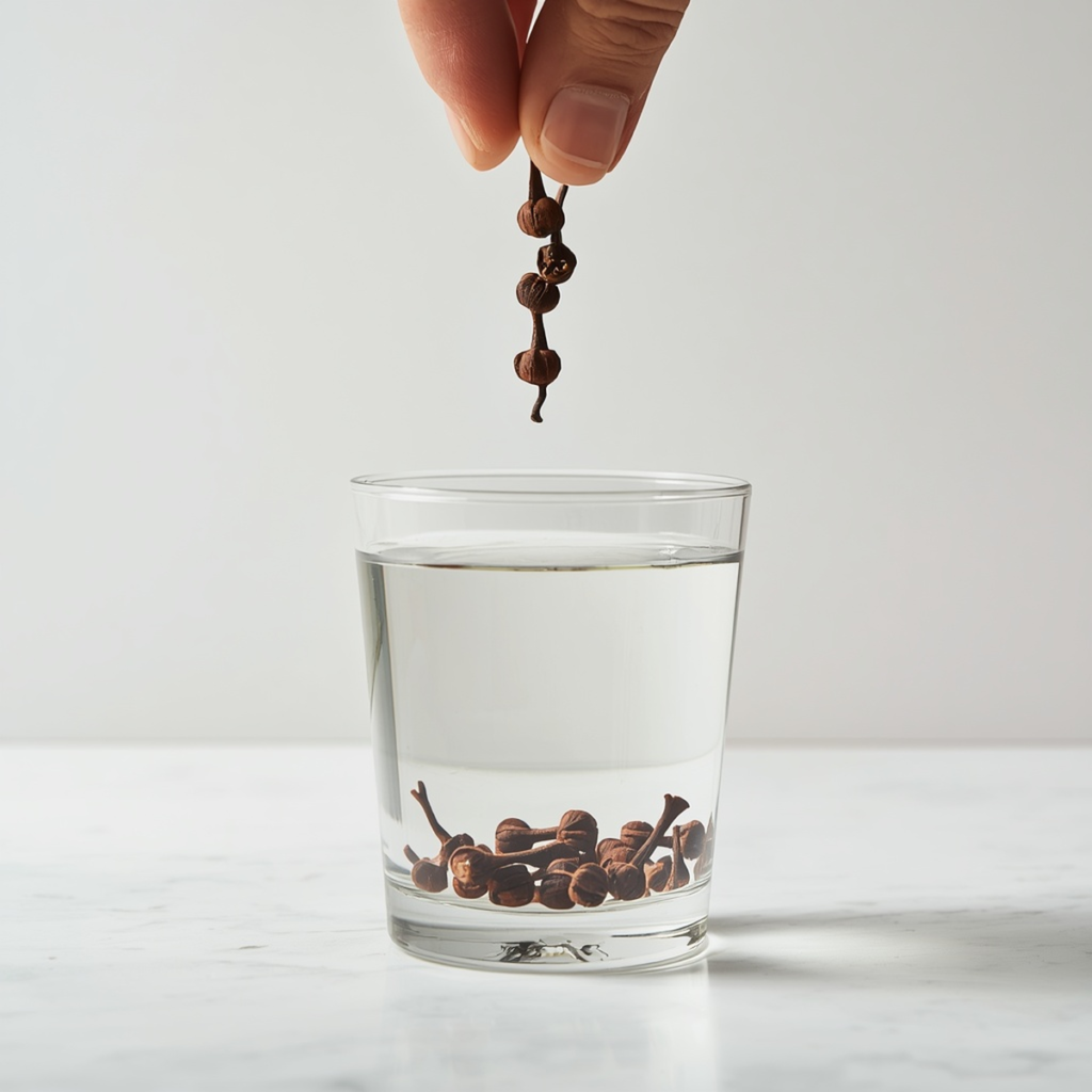 Square shot of whole cloves being dropped into a clear glass of water, soft morning light, plain kitchen counter background