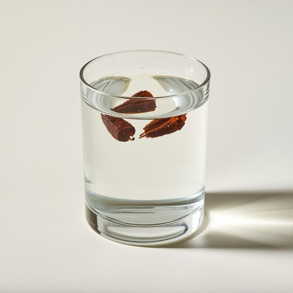 Square shot of a glass of clove-infused water with 3-4 whole cloves floating inside, soft natural daylight, clean neutral background