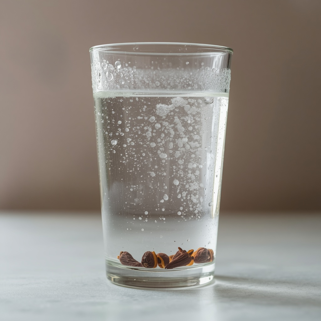 Square shot of a glass of clove water with a few whole cloves settled at the bottom, condensation on the glass, soft natural daylight, blurred neutral background