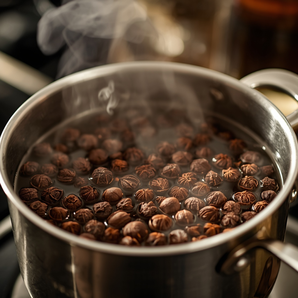 Square shot of whole cloves simmering in a small pot of water on the stove, steam rising, warm kitchen lighting