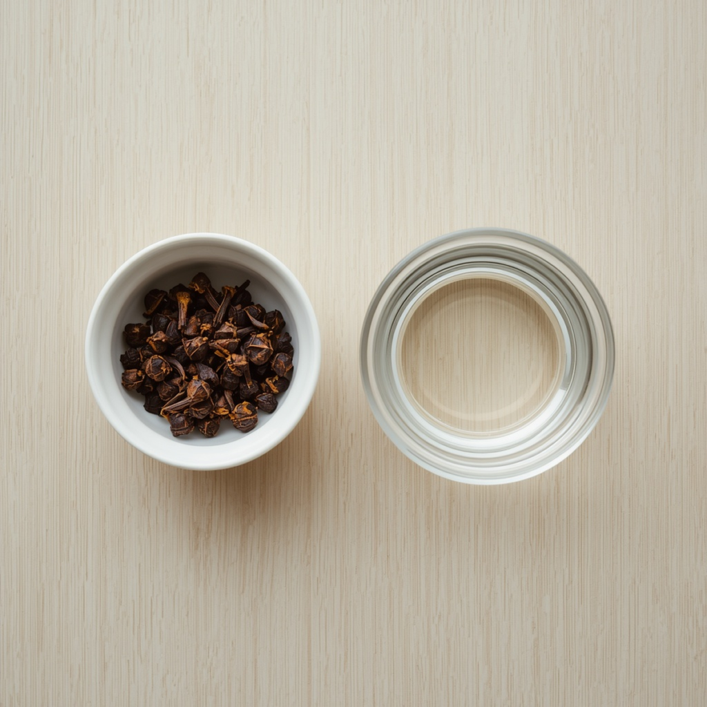 Square overhead shot of two small bowls on a light wooden surface, one with whole cloves, one with water