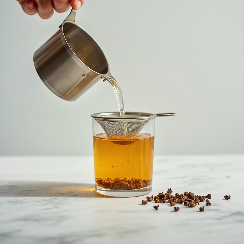 Square shot of clove water being poured from a small pot through a strainer into a glass, soft natural daylight, blurred neutral background