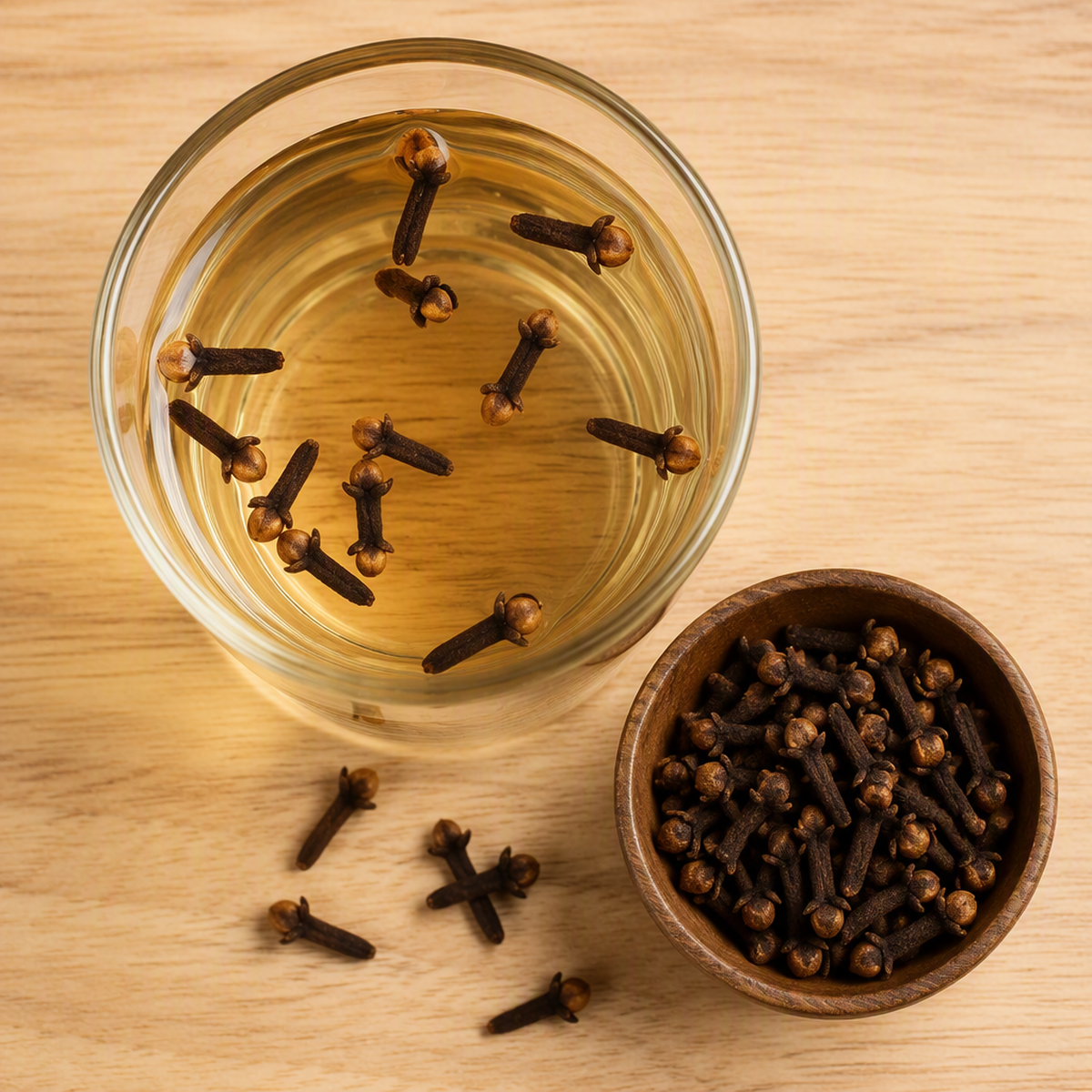 Square overhead shot of a glass of clove water with whole cloves floating inside, a small bowl of extra cloves and loose cloves scattered on a light wooden surface