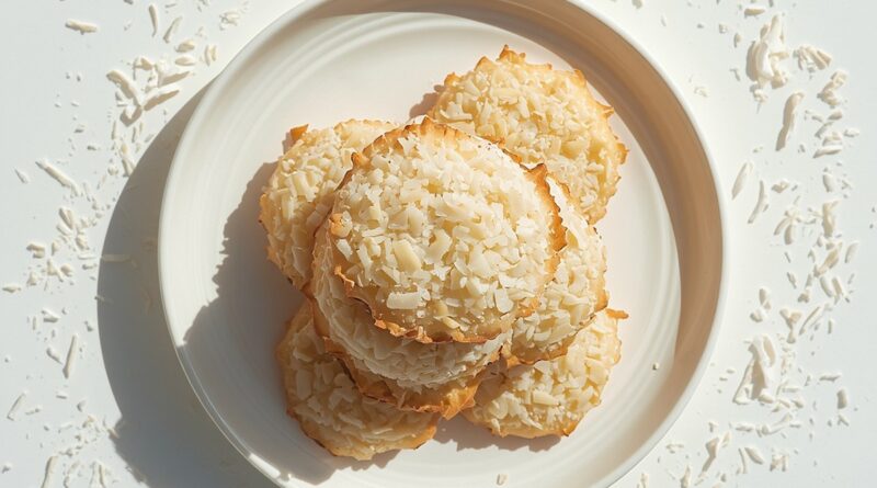 Coconut cookies stacked on a plate, golden edges with visible coconut texture, shredded coconut scattered around