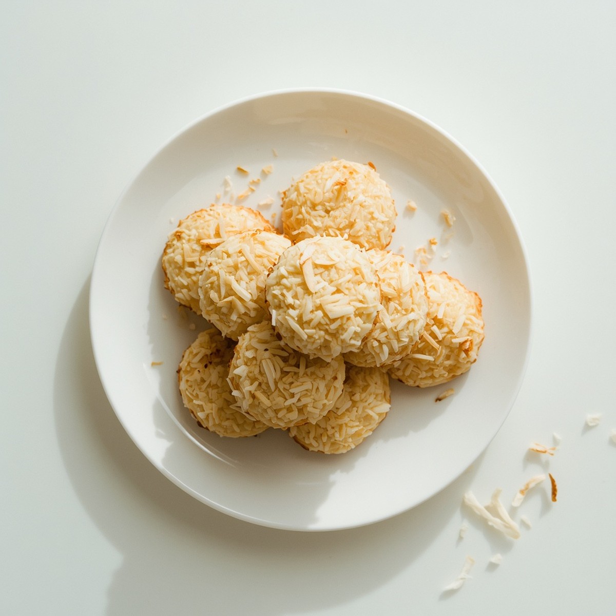 Coconut cookies stacked on a plate, golden edges with visible coconut texture, shredded coconut scattered around