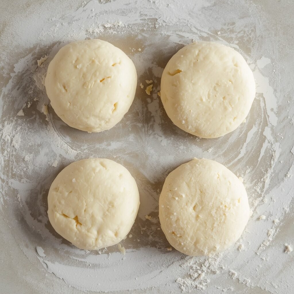 Cottage cheese bagel dough divided into four equal pieces on a floured surface