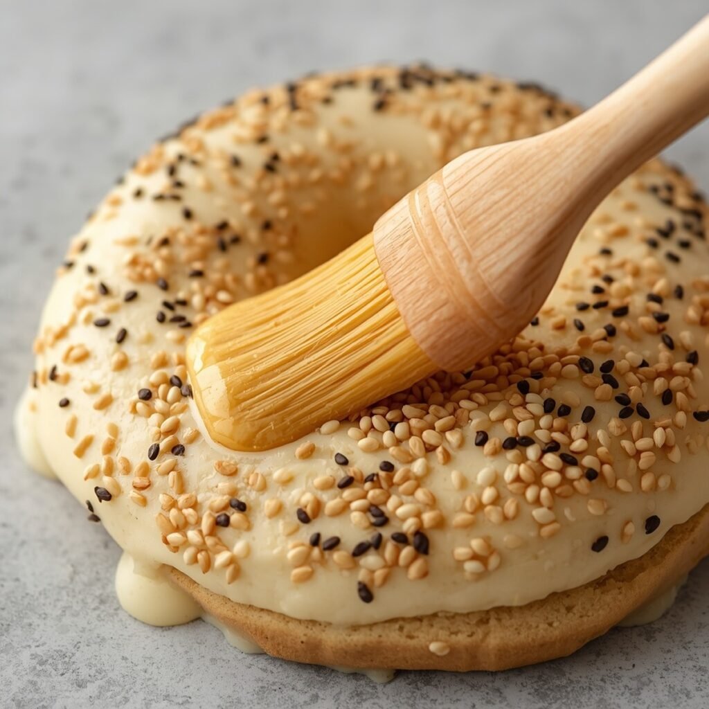 Egg wash being brushed onto unbaked cottage cheese bagels topped with everything bagel seasoning