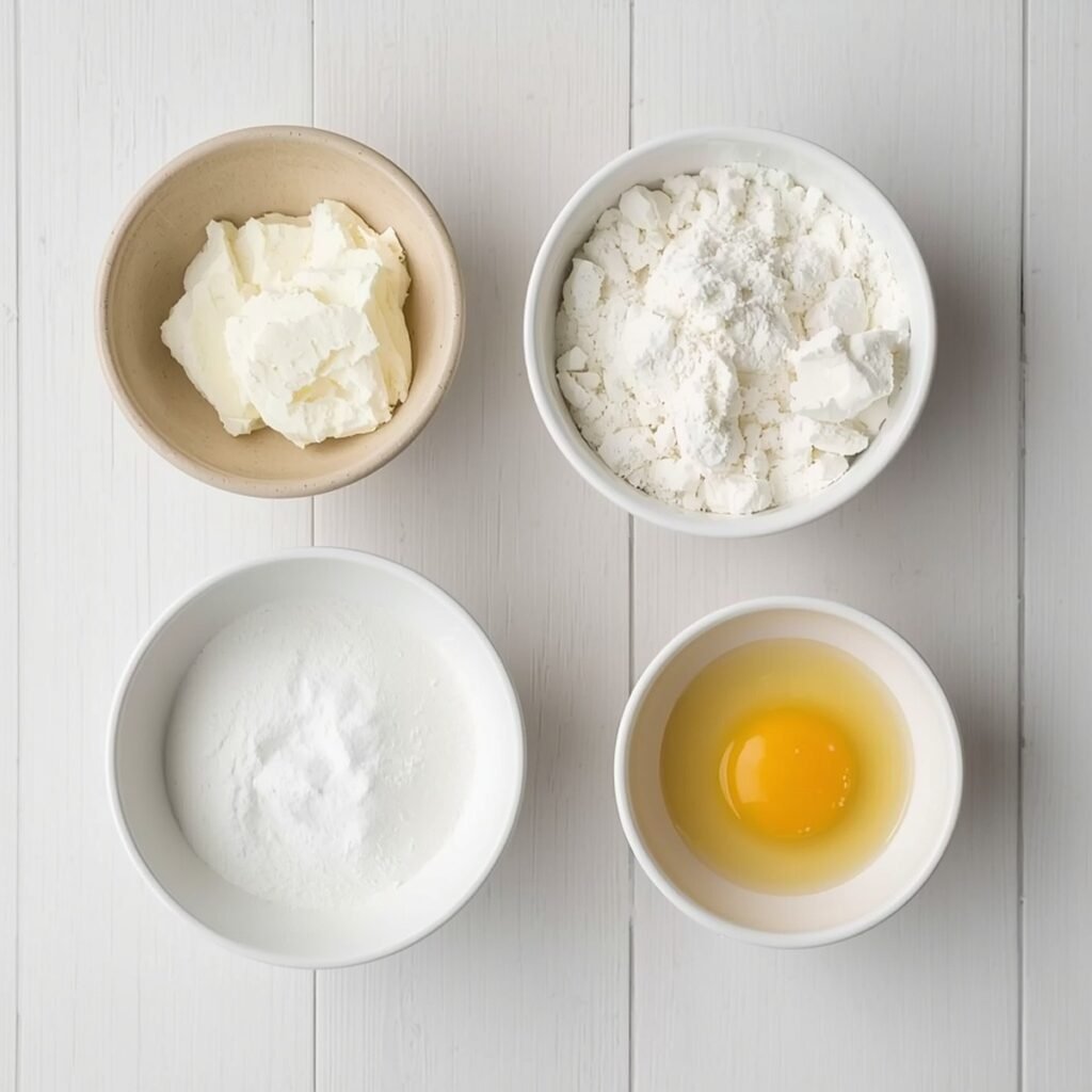 Flat lay of cottage cheese bagel ingredients including cottage cheese, flour, baking powder, and an egg
