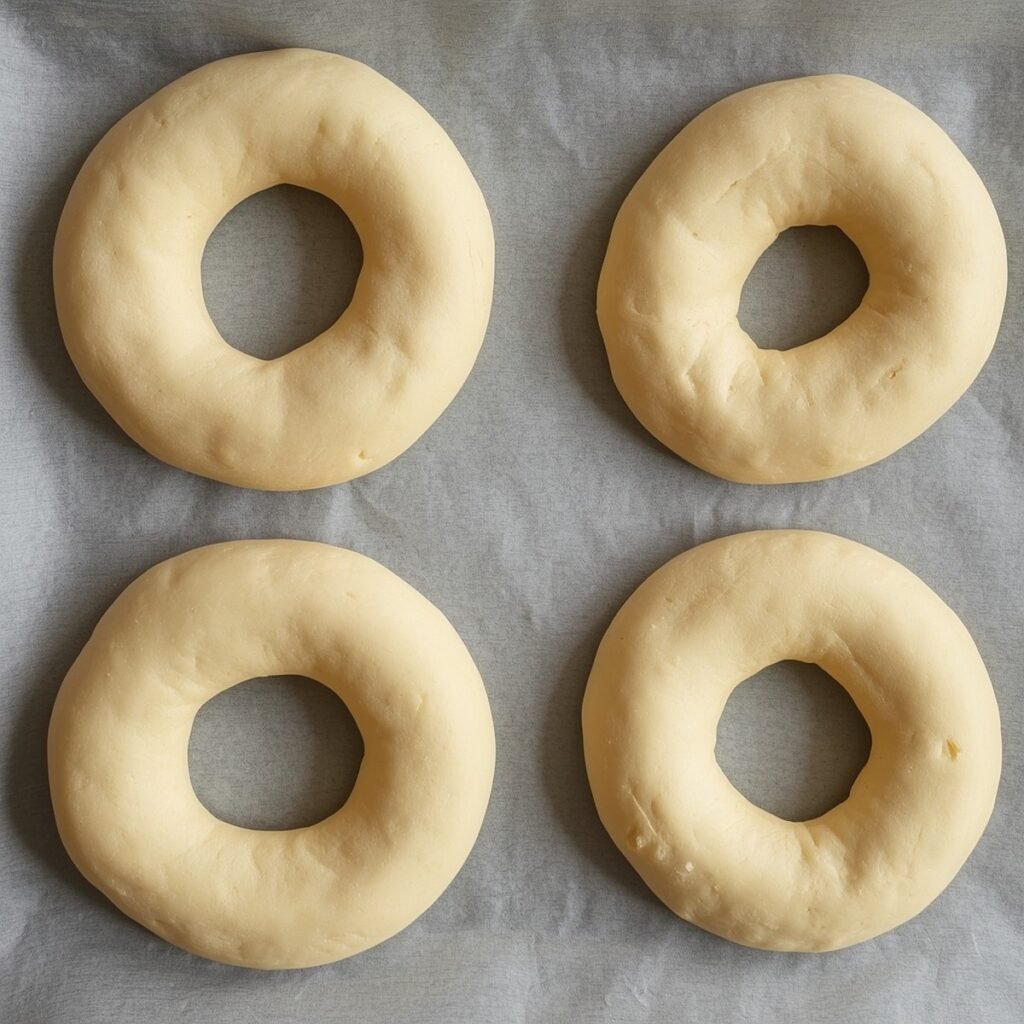 Unbaked cottage cheese bagels shaped into rings on a parchment-lined baking sheet