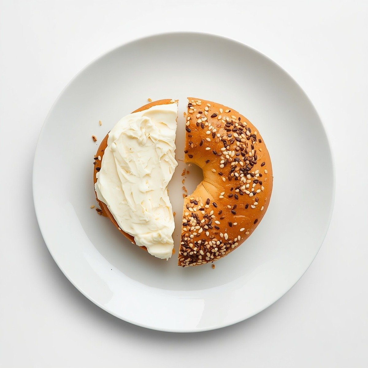 Cottage cheese bagel recipe card image, sliced with cream cheese