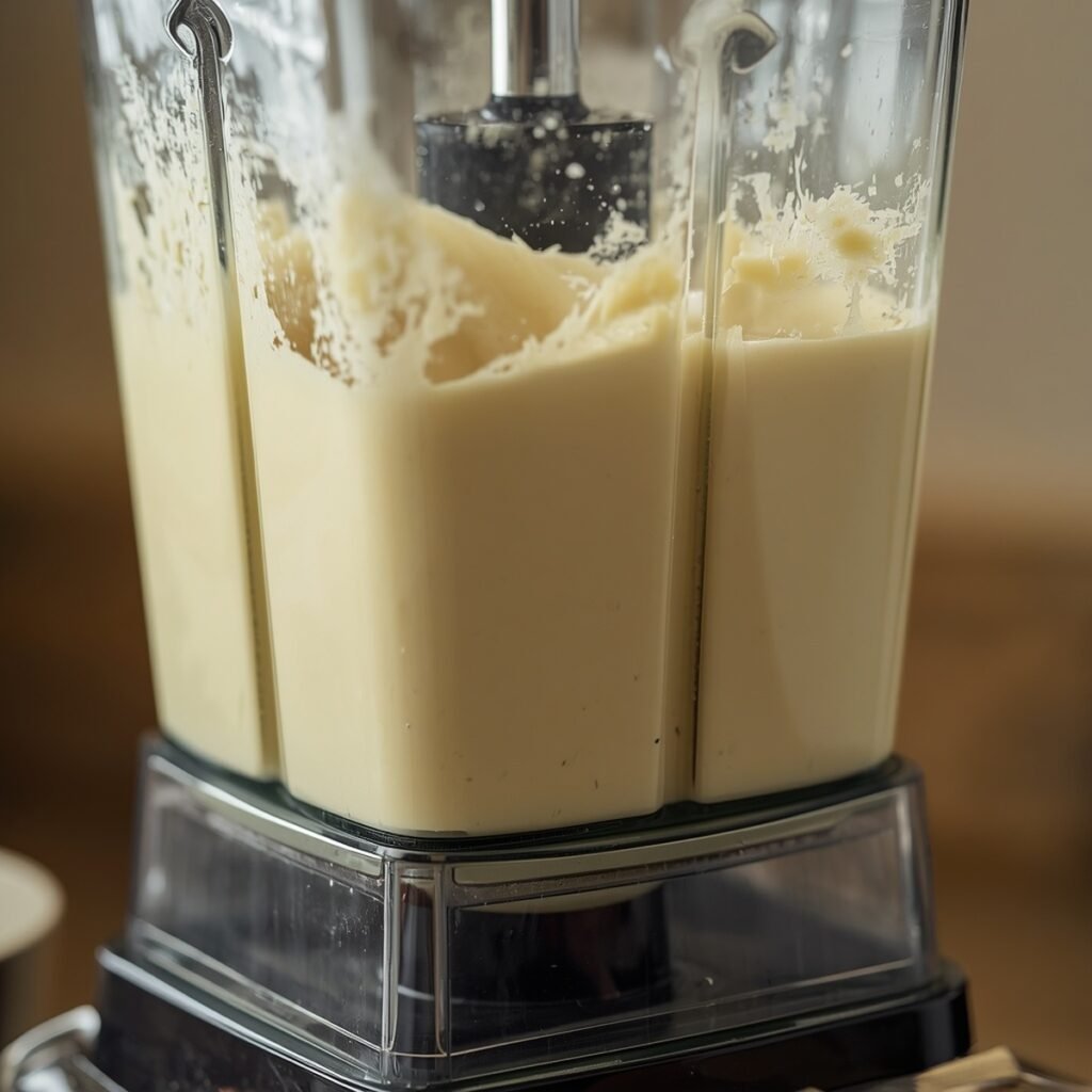 Cottage cheese waffle batter being blended smooth in a blender