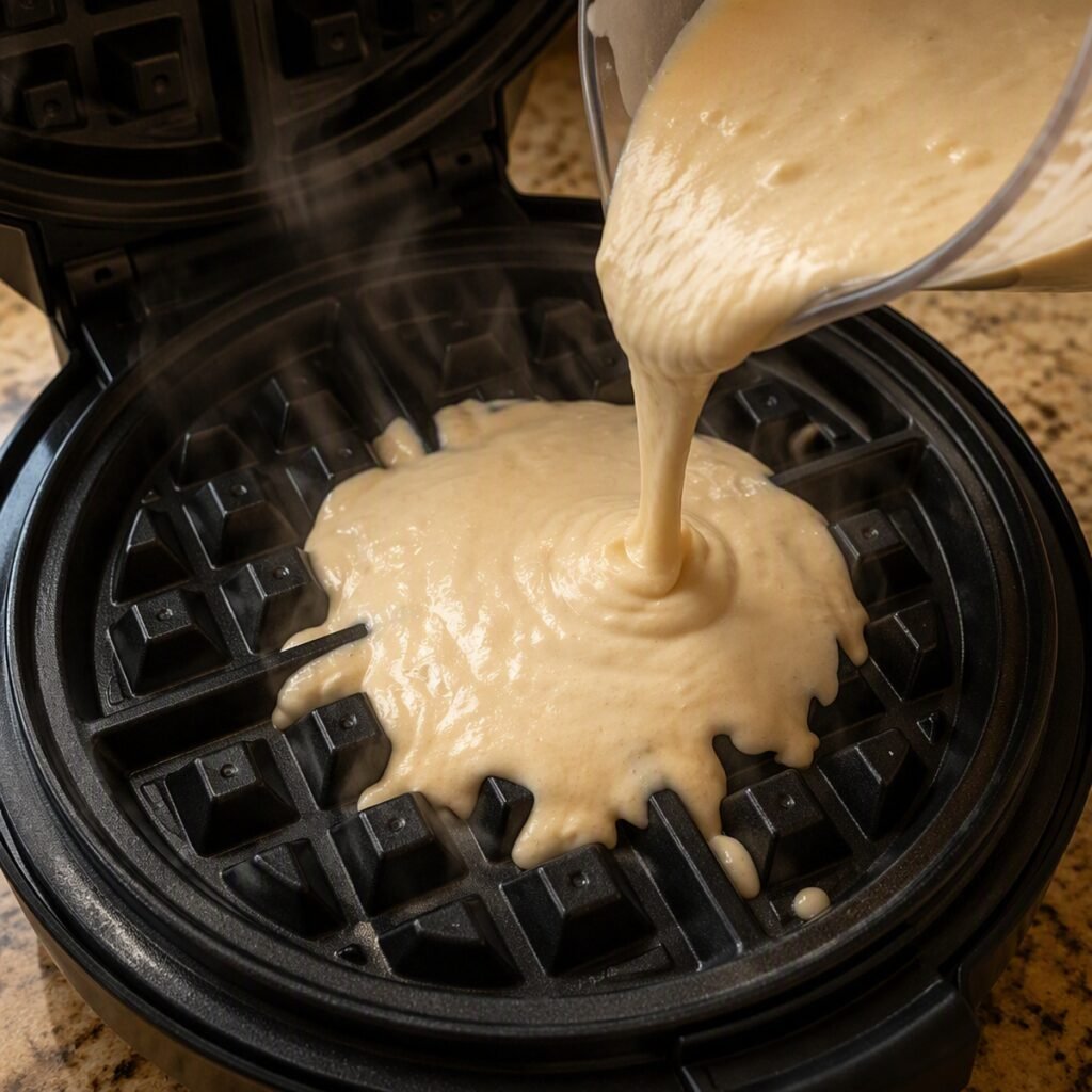 Cottage cheese waffle batter being poured onto a hot waffle iron