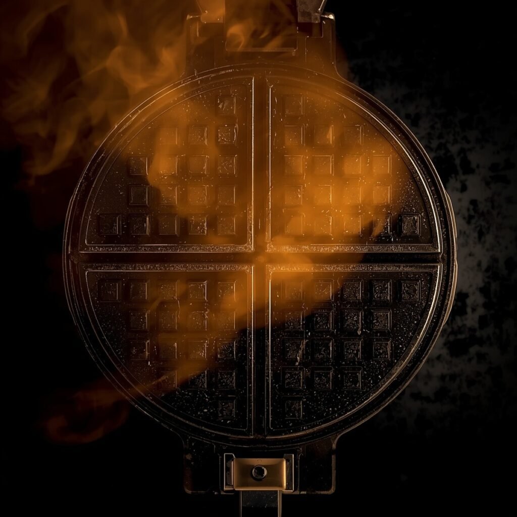 Golden brown cottage cheese waffles cooking in a waffle iron