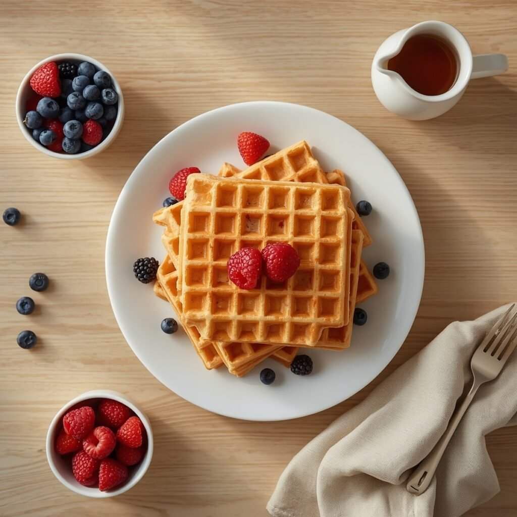 Overhead shot of cottage cheese waffles with fresh fruit and syrup