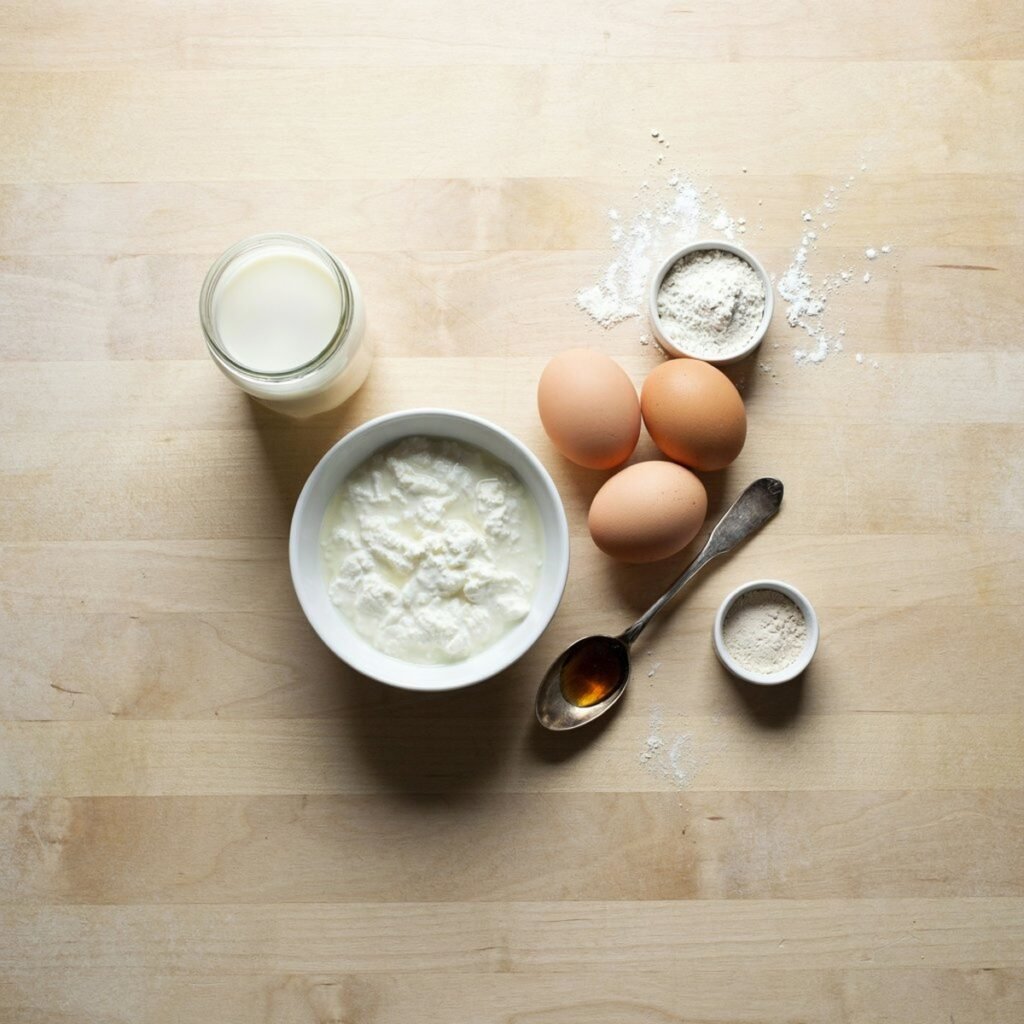 Ingredients for cottage cheese waffles including cottage cheese, eggs, flour, and vanilla extract laid out on a counter