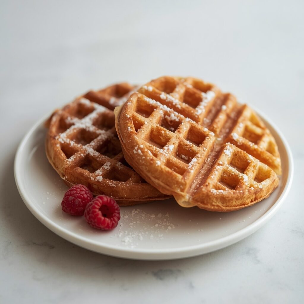 Keto almond flour cottage cheese waffles on a plate, close-up angle
