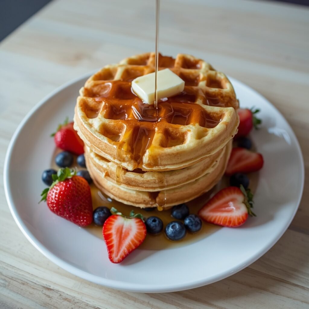 Stack of cottage cheese waffles topped with fresh berries and maple syrup
