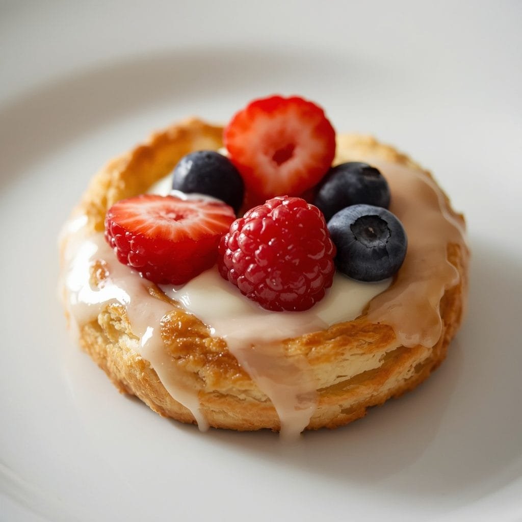 Close-up of a glazed cream cheese berry puff pastry danish topped with fresh berries