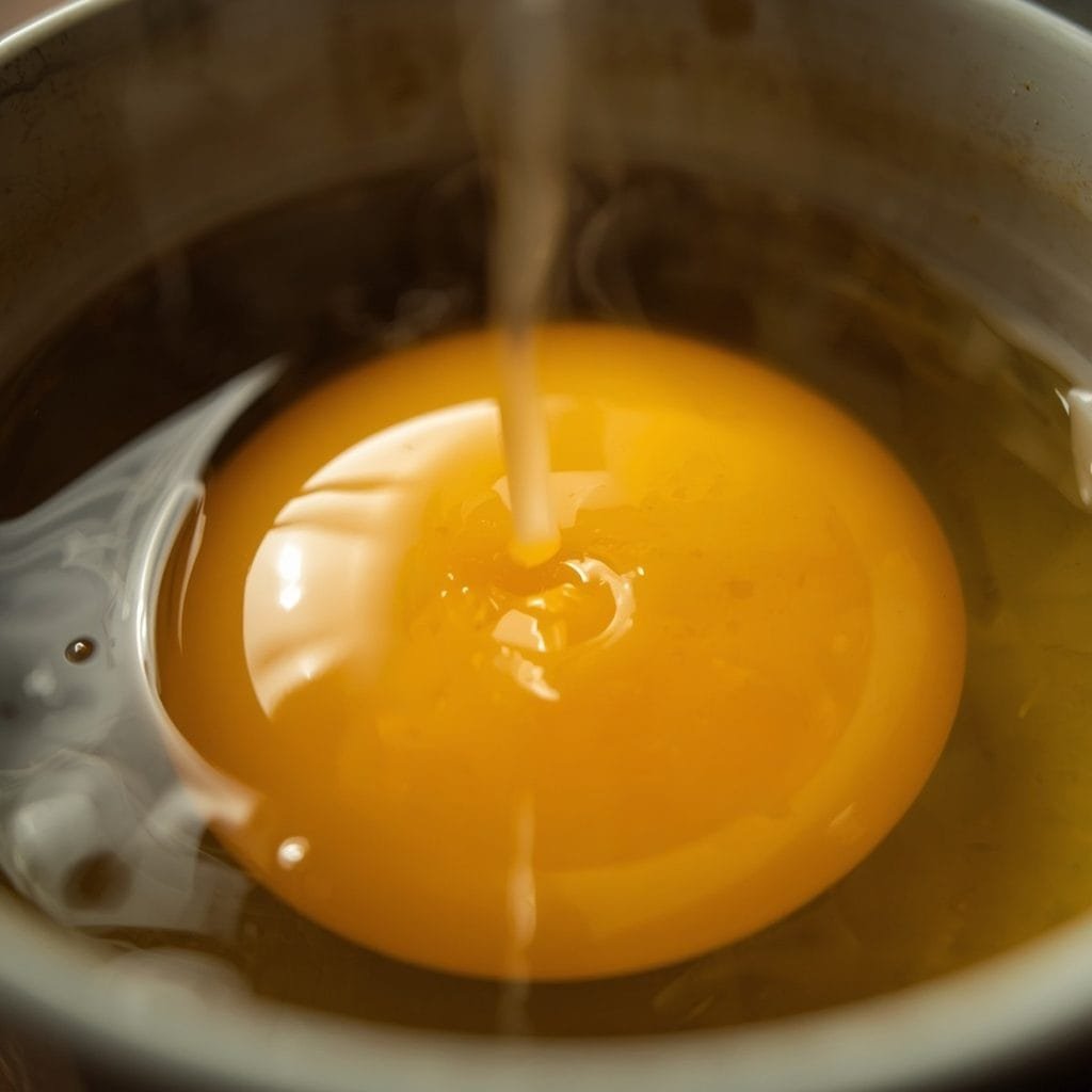 a raw egg yolk being tempered with hot noodle water in a small bowl, silky texture, steam visible, no text visible