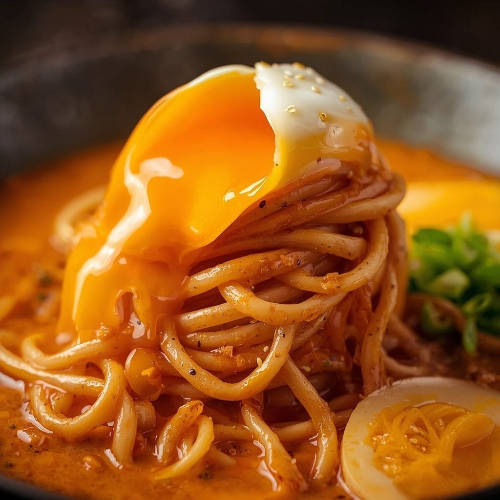 creamy Buldak carbonara ramen in a black bowl from directly above, egg yolk pooled in the center, parmesan and scallions scattered on top