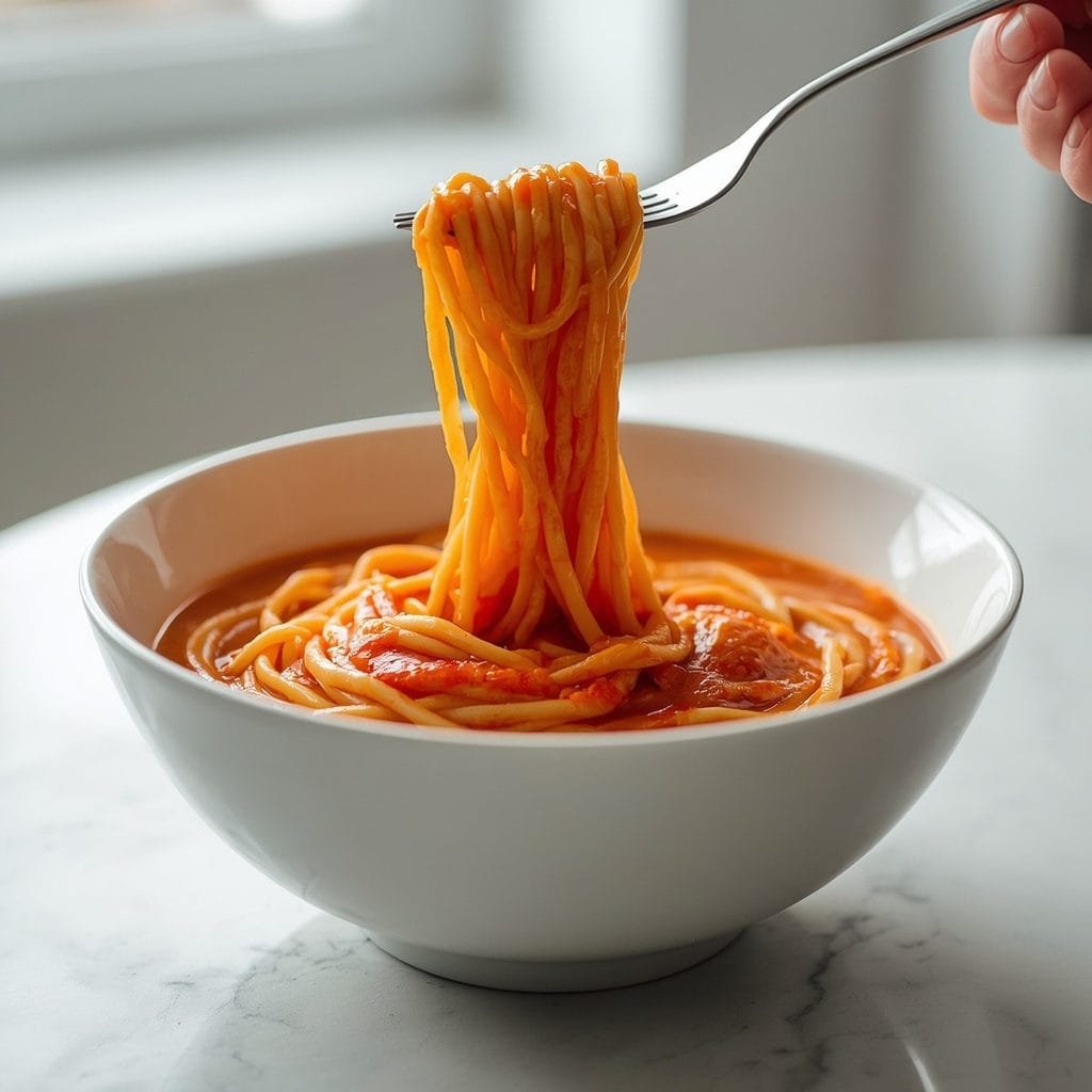 finished creamy Buldak carbonara ramen in a bowl, sauce clinging thickly to the noodles, a fork twirling noodles up out of the bowl,