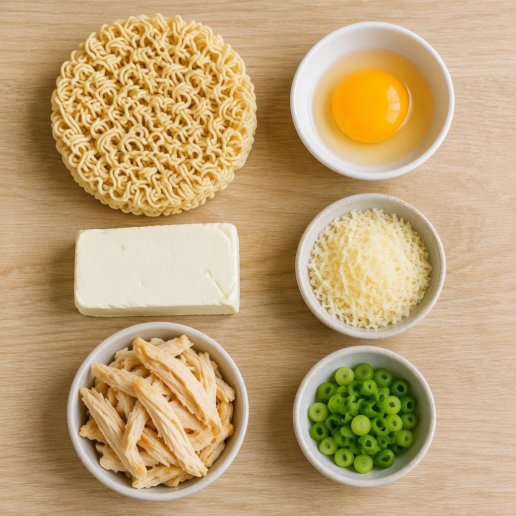 Flat lay of ingredients for creamy Buldak ramen recipe