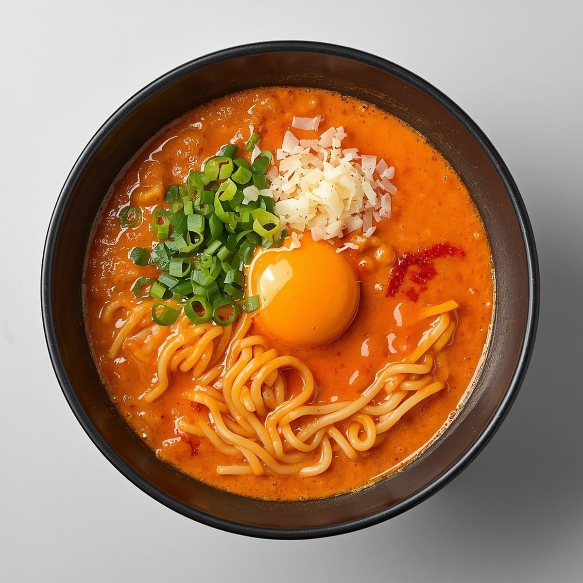 Creamy buldak ramen recipe served in a dark bowl with egg yolk, parmesan, and green onion