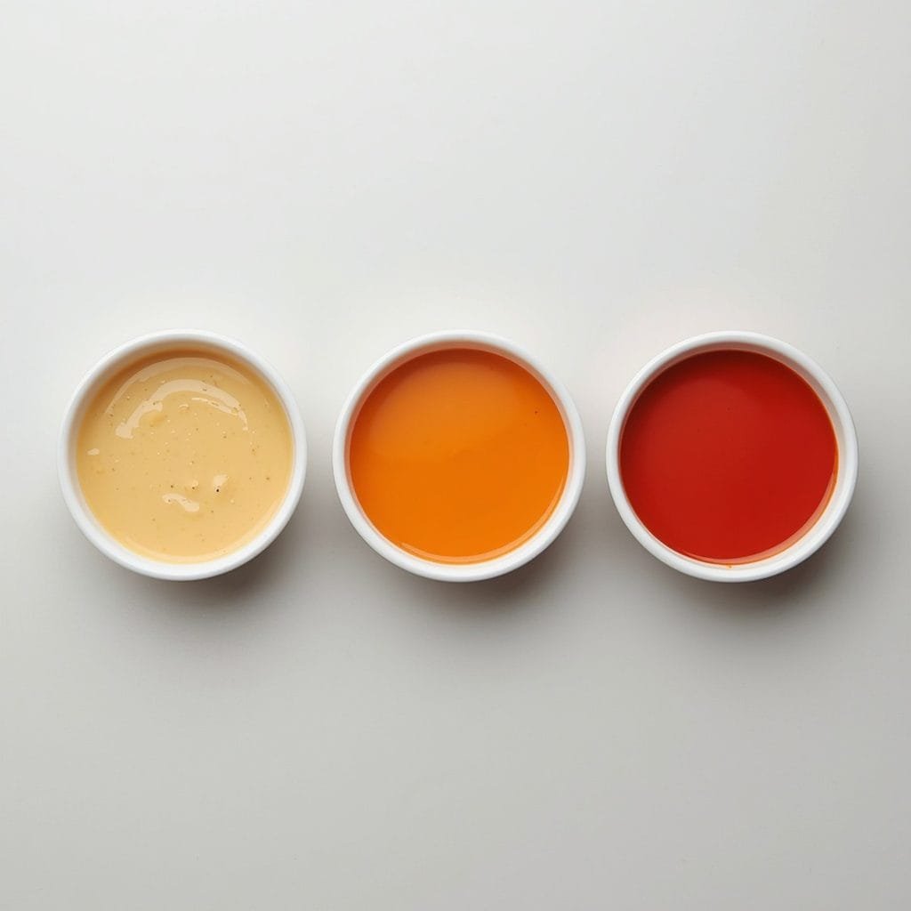 flat lay showing three small bowls of sauce side by side for visual color and thickness contrast representing Original