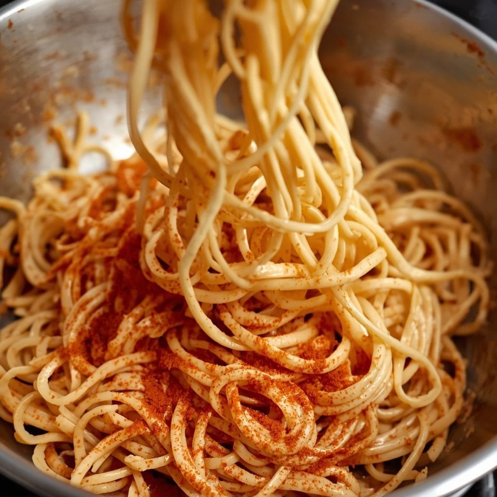 noodles being tossed with cream cheese and Buldak seasoning in a stainless steel bowl, sauce coating the noodles evenly
