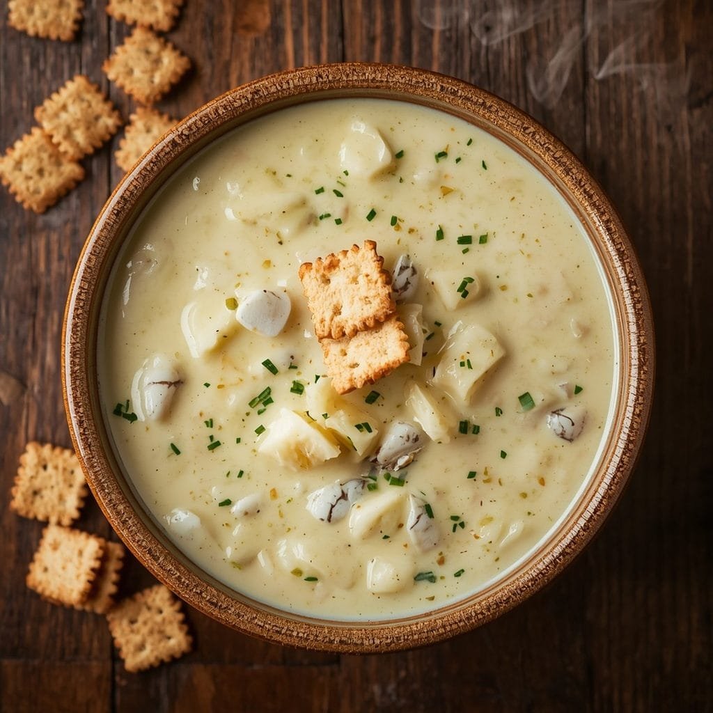 creamy clam chowder in a rustic bowl, oyster crackers on the side, steam rising, wooden table