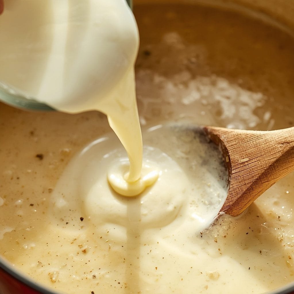 Cream being poured into a pot of clam chowder with a wooden spoon stirring it in
