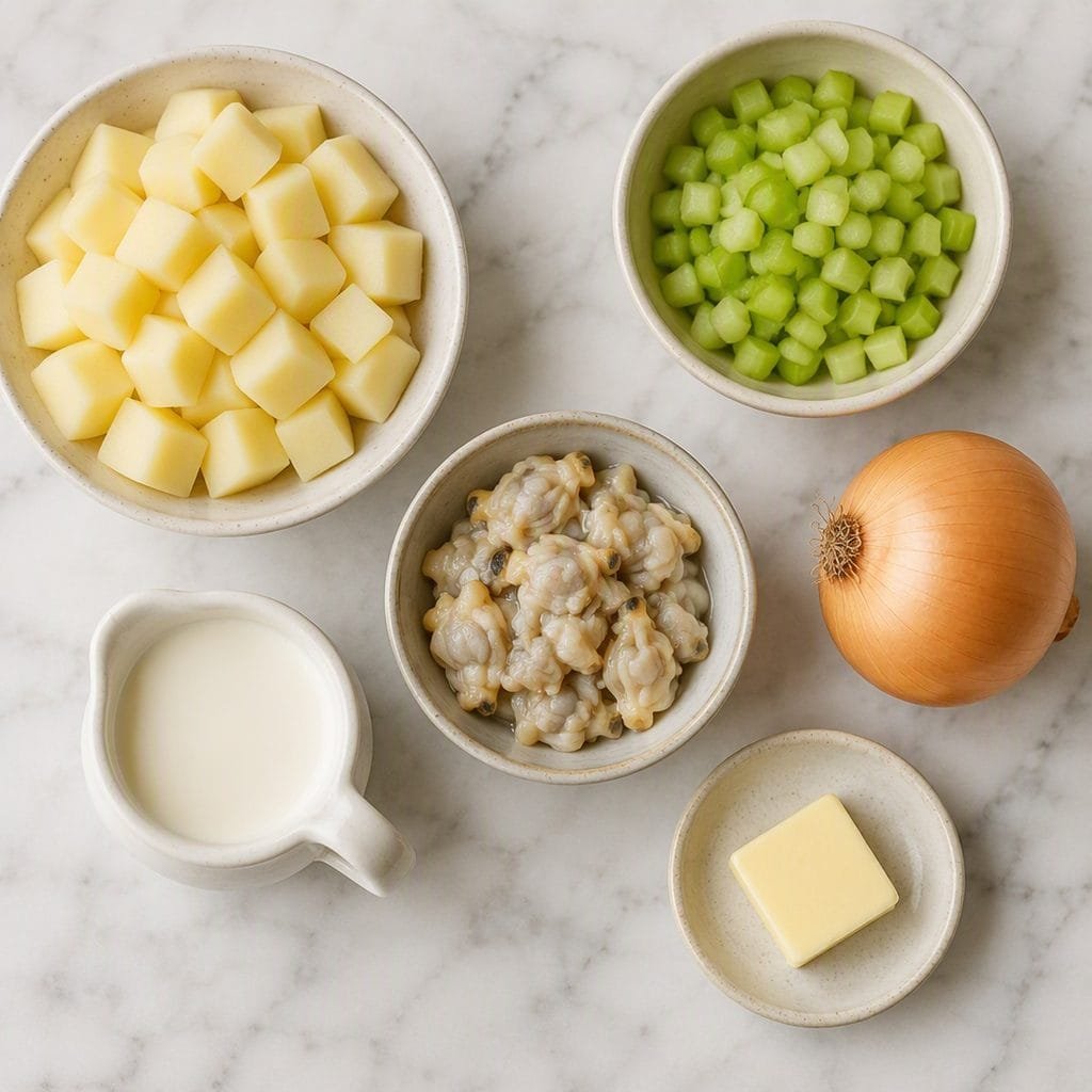 clam chowder ingredients: potatoes, celery, onion, canned clams, cream, butter, on a light countertop