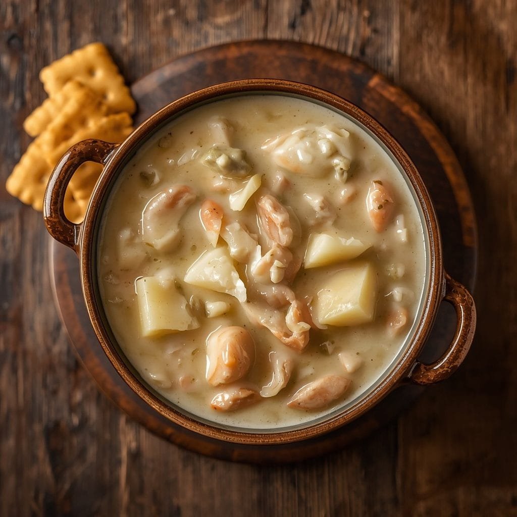 Crock pot clam chowder recipe served in a rustic bowl with oyster crackers, steam rising, on a wooden table