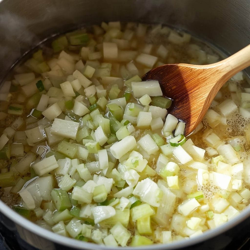 Diced onion and celery cooking in butter in a large soup pot, wooden spoon stirring