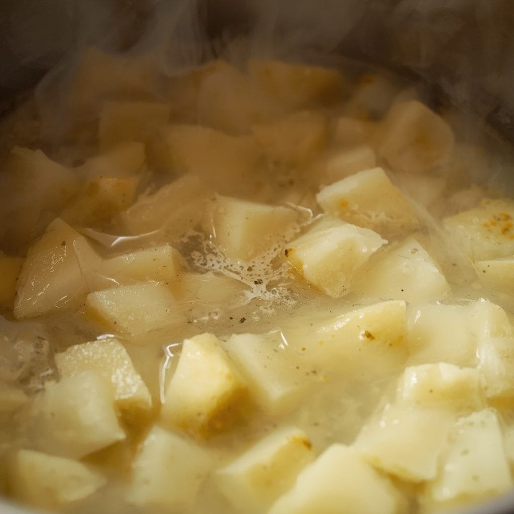 Diced potatoes and clam juice simmering in a soup pot, steam visible