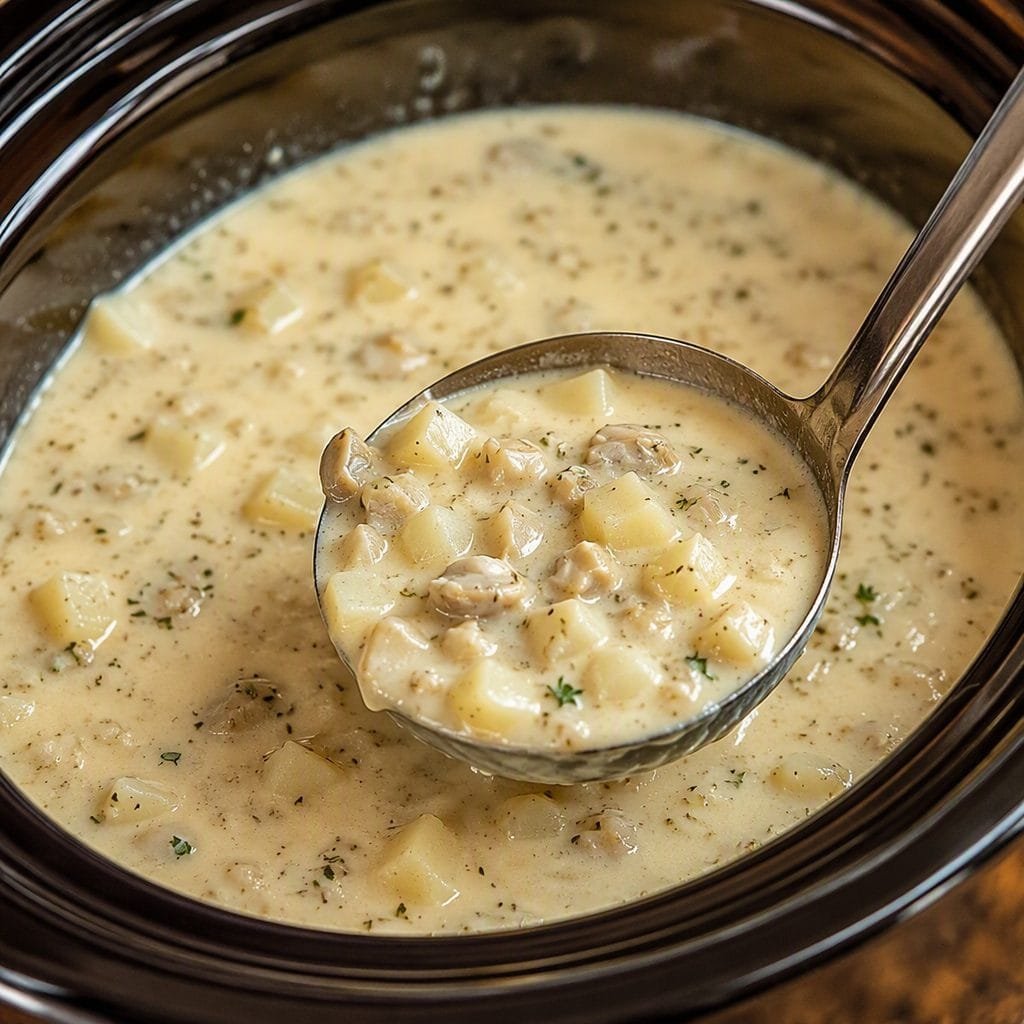 Creamy clam chowder in a slow cooker insert, ladle resting inside, ready to serve