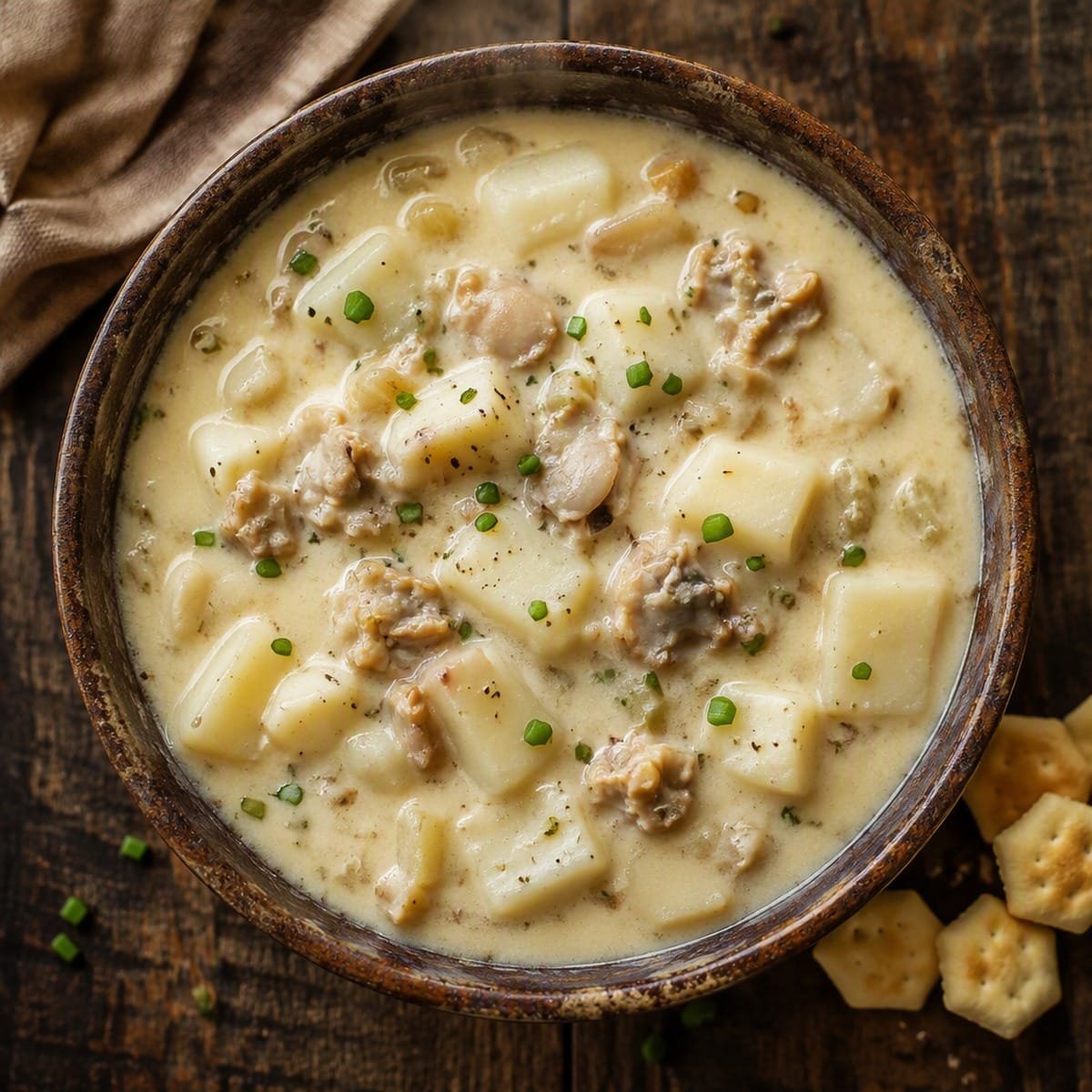 Crock pot clam chowder in a rustic bowl with potatoes, clams, and chives