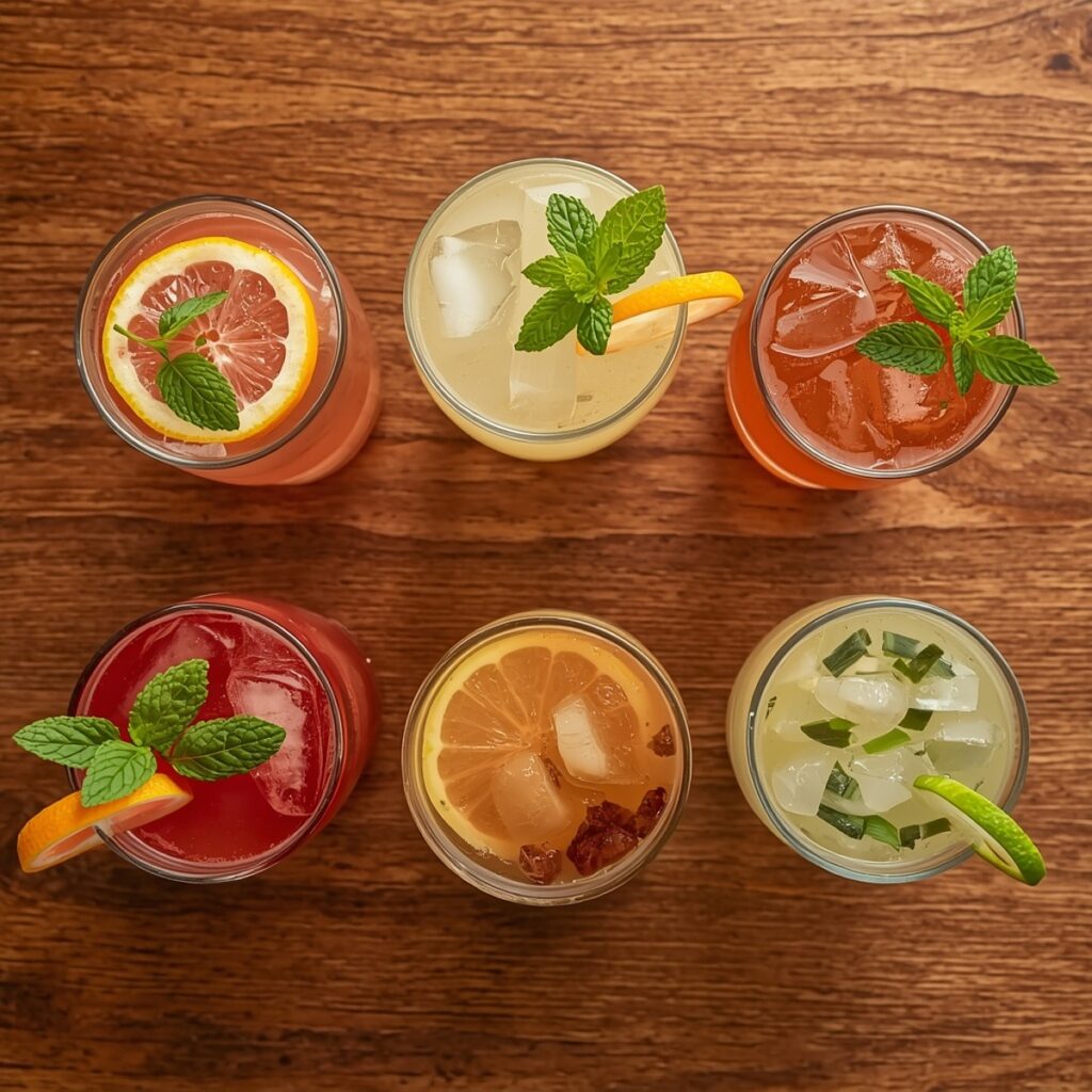 Six easy mocktails lined up on a wooden counter, each in a different glass