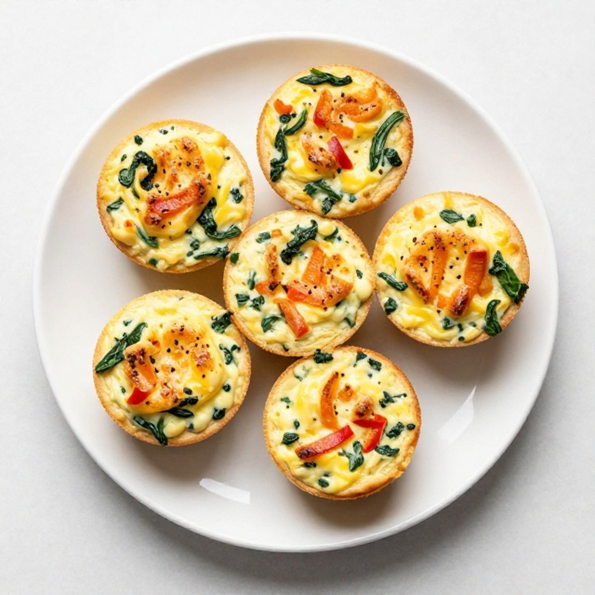 Egg bites recipes on a white plate with spinach and red pepper