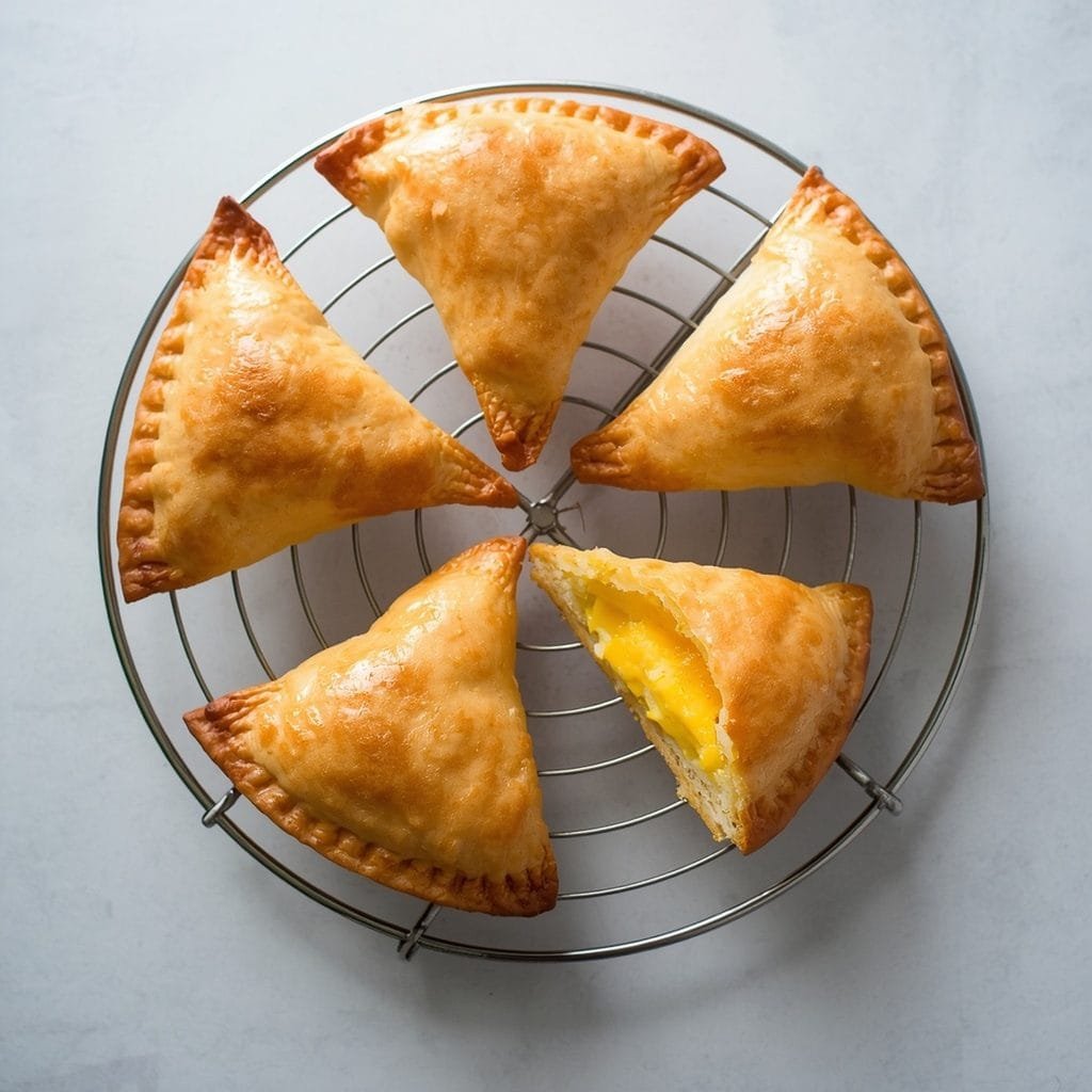 Golden baked egg and cheese puff pastry breakfast pockets cooling on a wire rack