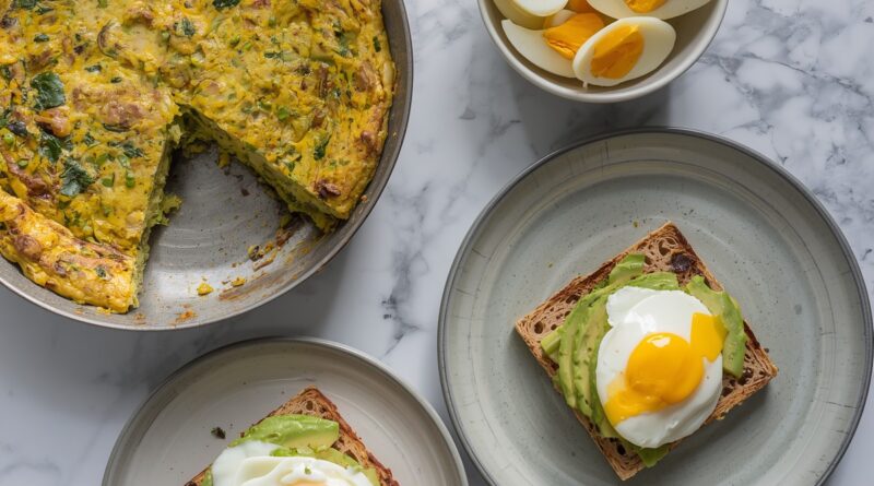 Overhead shot of a healthy breakfast spread with vegetable frittata, spinach and red pepper egg bites, sliced hard-boiled eggs, and avocado toast topped with a poached egg