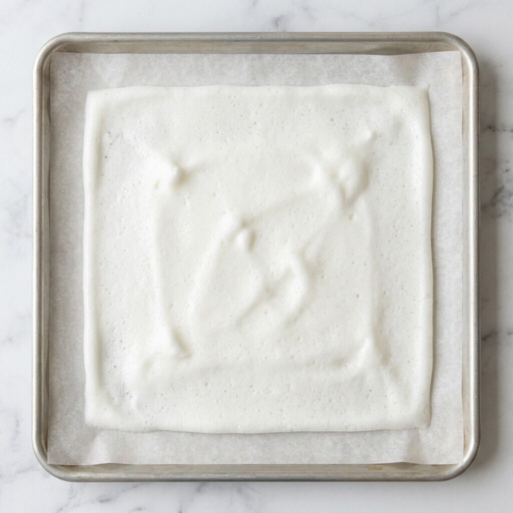 whipped egg white mixture spread evenly on parchment paper before baking