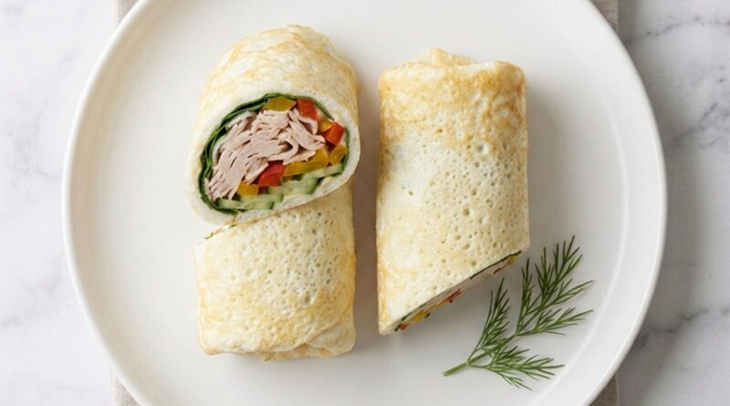 two egg white wraps filled with turkey and vegetables sliced open on a plate